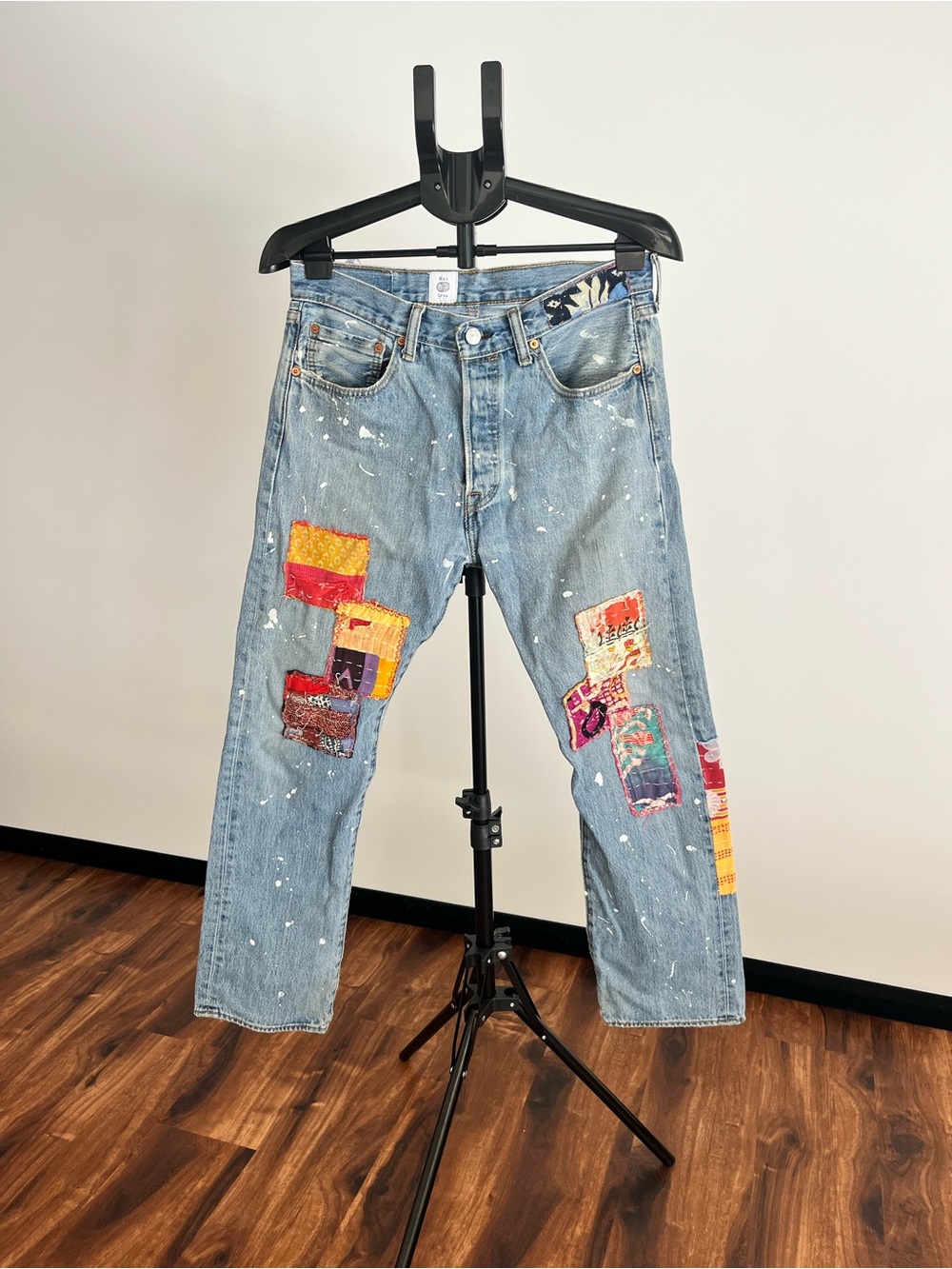 Men's Light Blue Straight Jeans with Colorful Patchwork